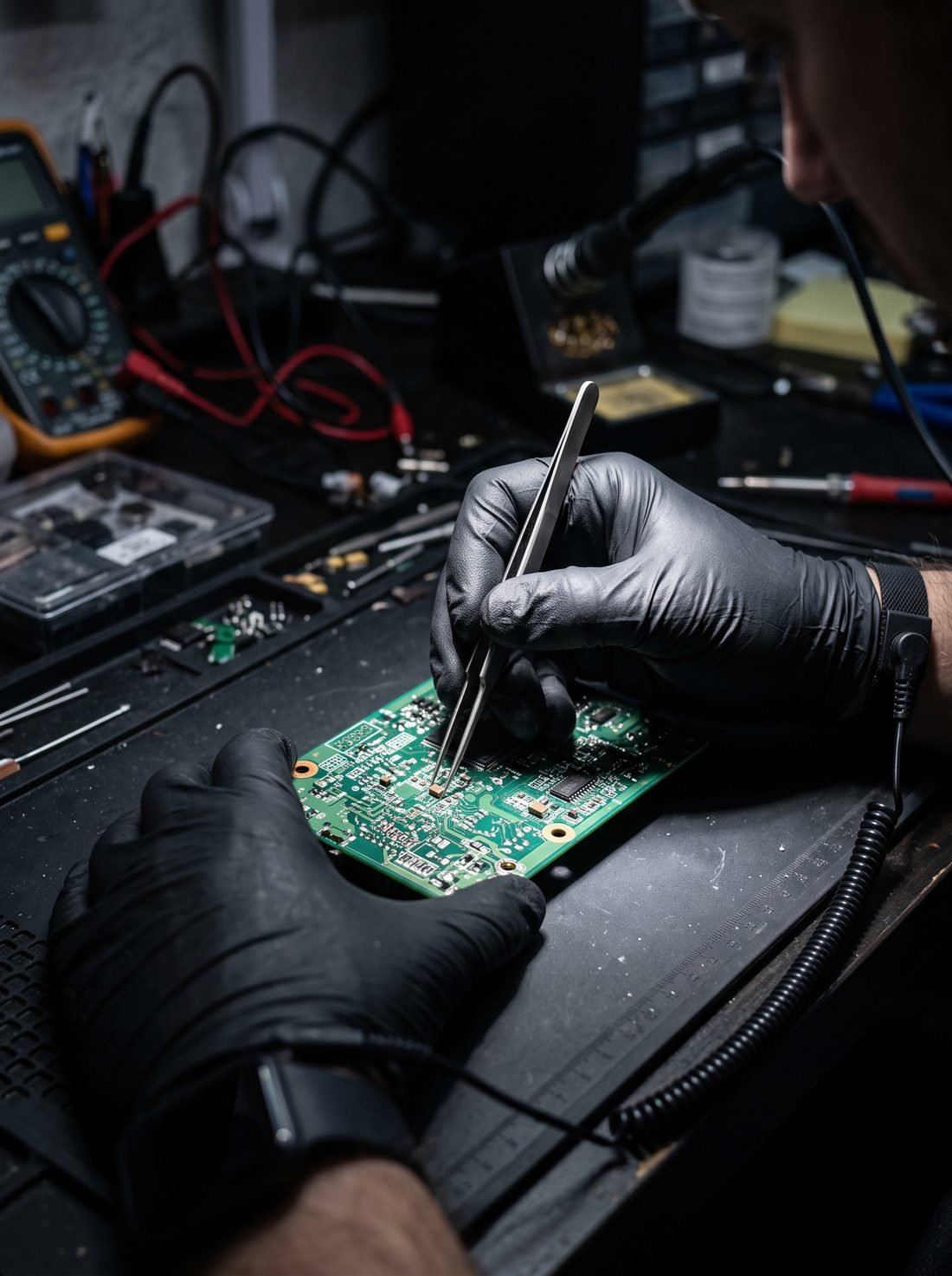 Técnico da Senhor Smart, com luvas antiestáticas e pulseira de aterramento, manipulando uma placa de circuito com pinça de precisão sobre a bancada.