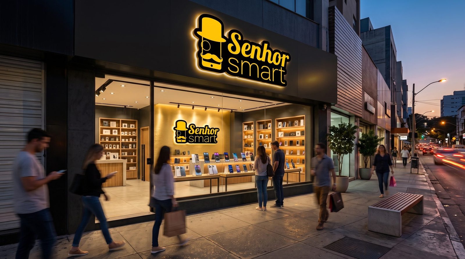 Fachada de uma unidade Senhor Smart ao entardecer, com letreiro iluminado, vitrine de aparelhos e movimento de pedestres na calçada.