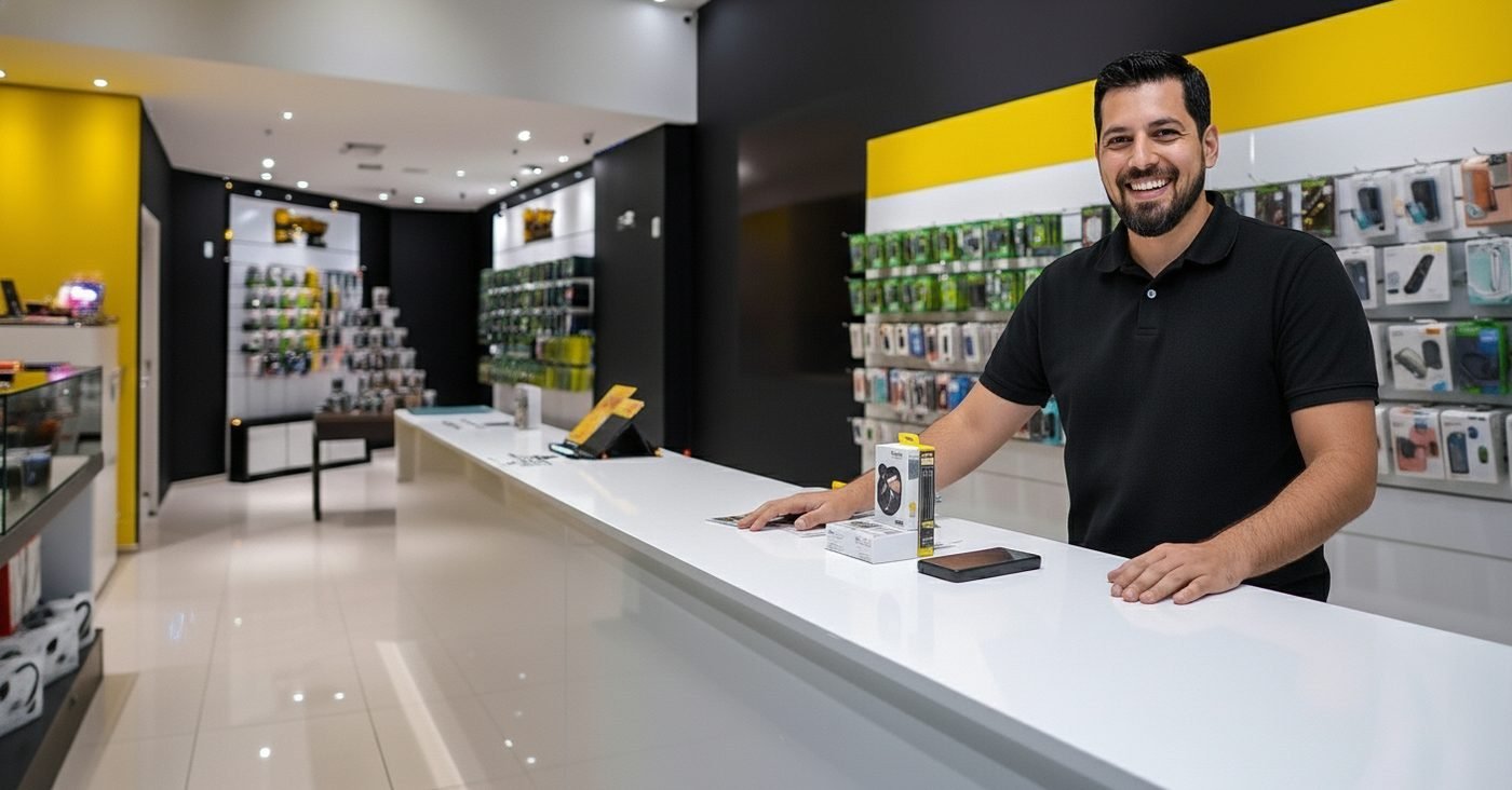 Interior de uma unidade Senhor Smart: balcão de atendimento, parede de acessórios e o fundador atrás do balcão.